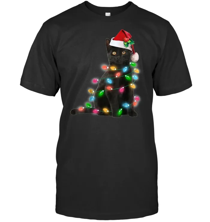 Black Cat christmas light tshirt funny cat lover christmas