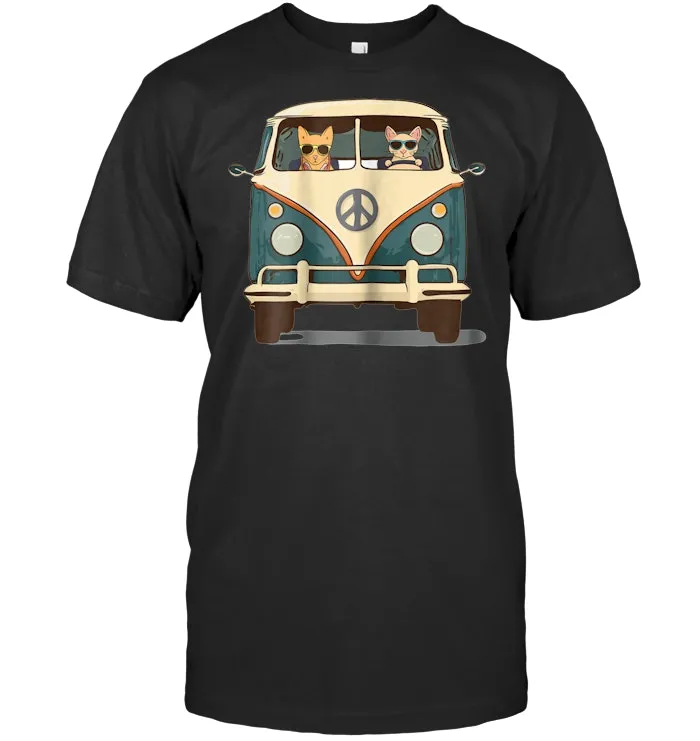 Cool Cats Road Trip Groovy Van T Shirt Retro Hippie Pop Art