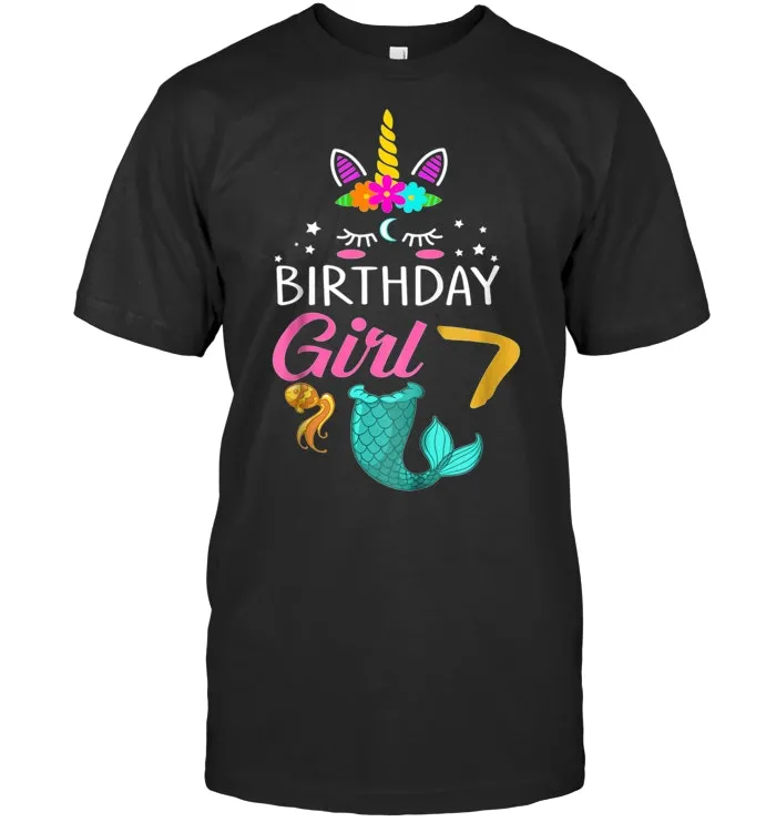 7th Birthday Girl Unicorn Shirt Mermaid Tail 7 Years Old Tee