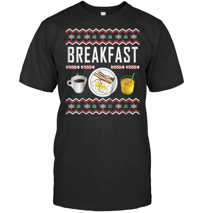 Breakfast Ugly Christmas T shirt Bacon Eggs Coffee Juice