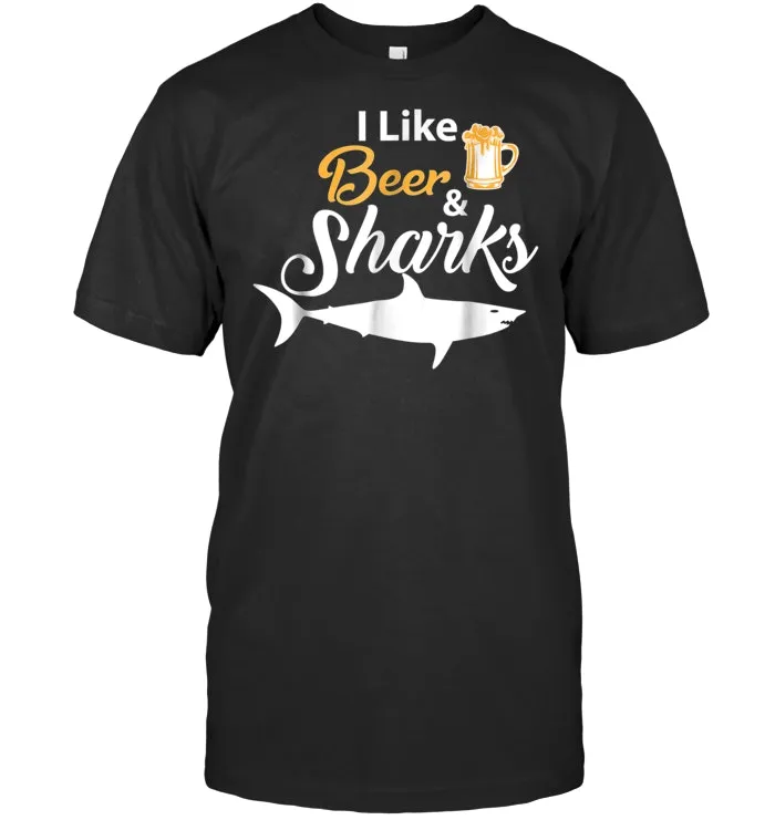 I Like Beer and Sharks T Shirt   Funny Drinking Tee