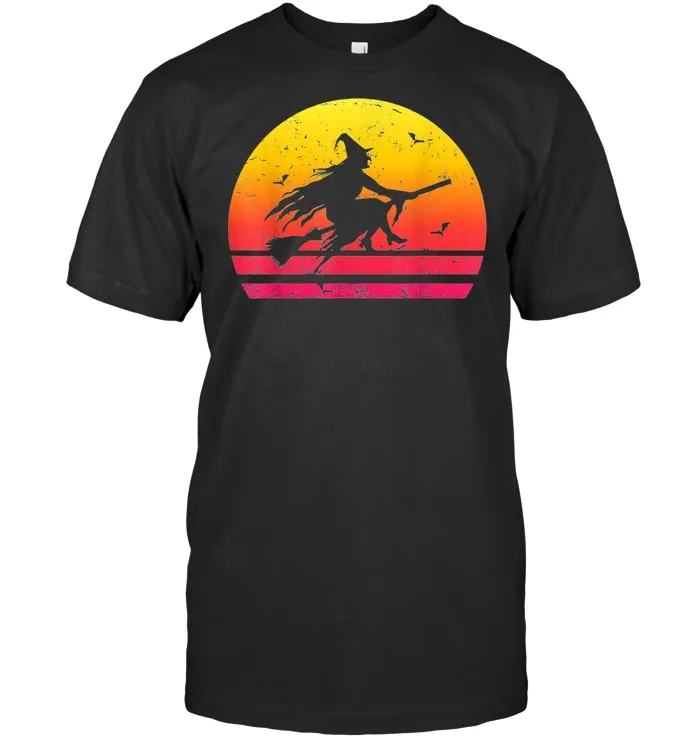 Retro Sunset Witch On A Broom Halloween T Shirt