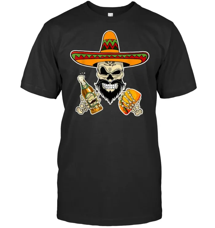 Mexican Sugar Skull with Tacos and Beer Funny T Shirt
