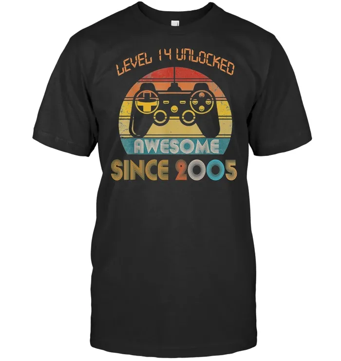 Level 14 Unlocked Awesome Since 2005 14th Birthday Gamer  T Shirt