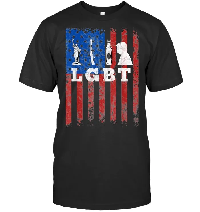 Parody LGBT Funny Liberty Guns Beer Trump American Flag Gift T Shirt