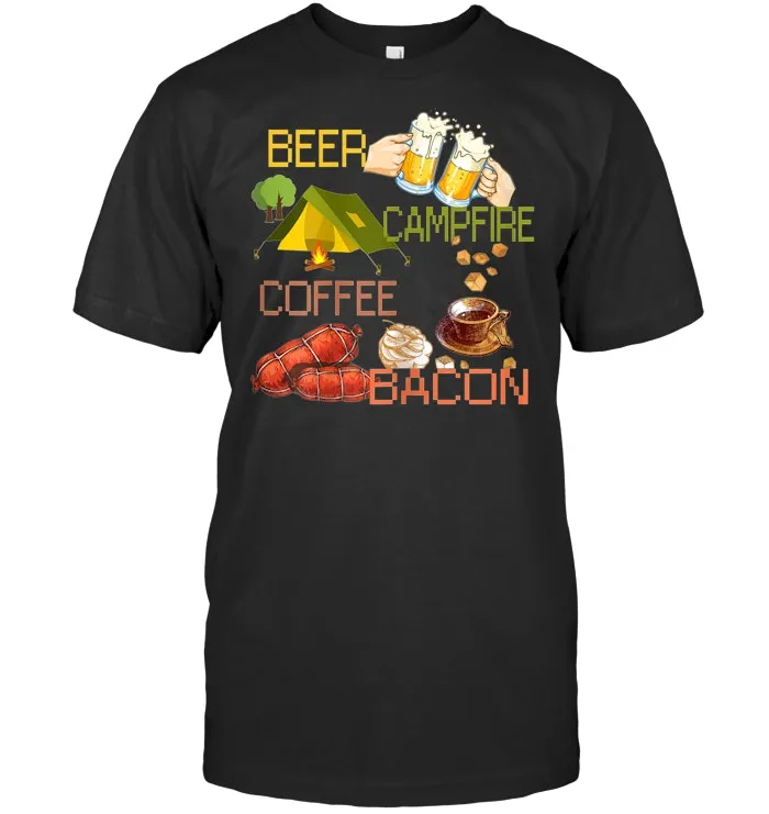 Funny Camping tee Beer campfire coffee bacon tshirt