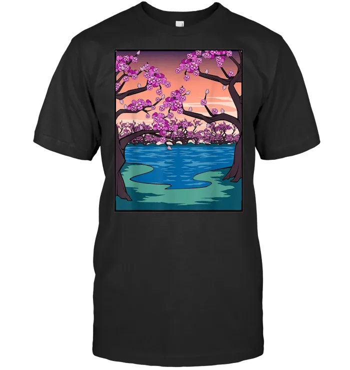 Japanese Cherry Blossom Drawing Art Woodblock Nature T Shirt