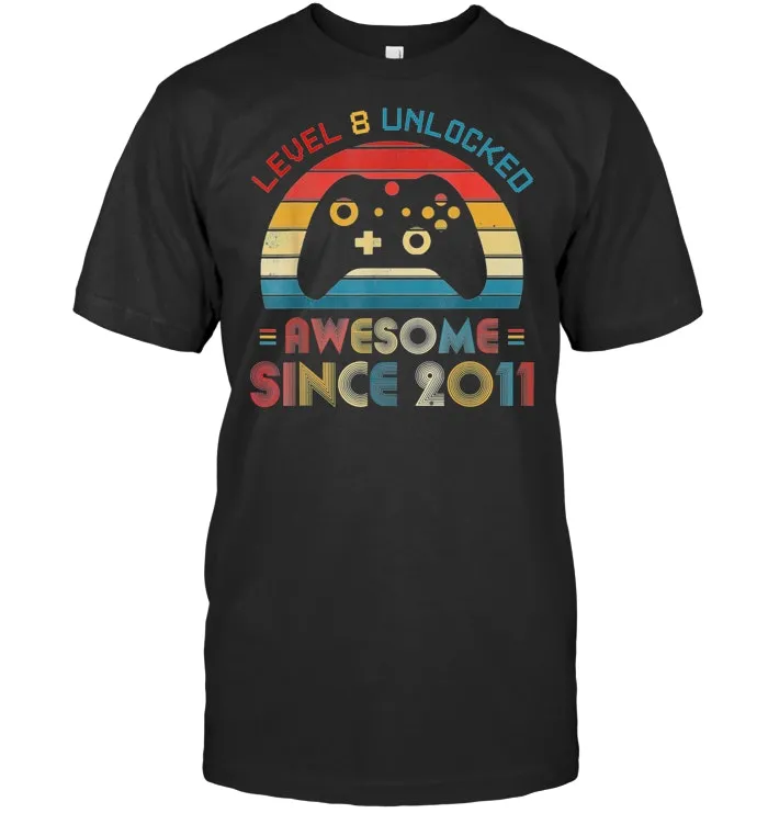 Level 8 Unlocked Awesome Since 2011 8th Birthday Gamer  T Shirt