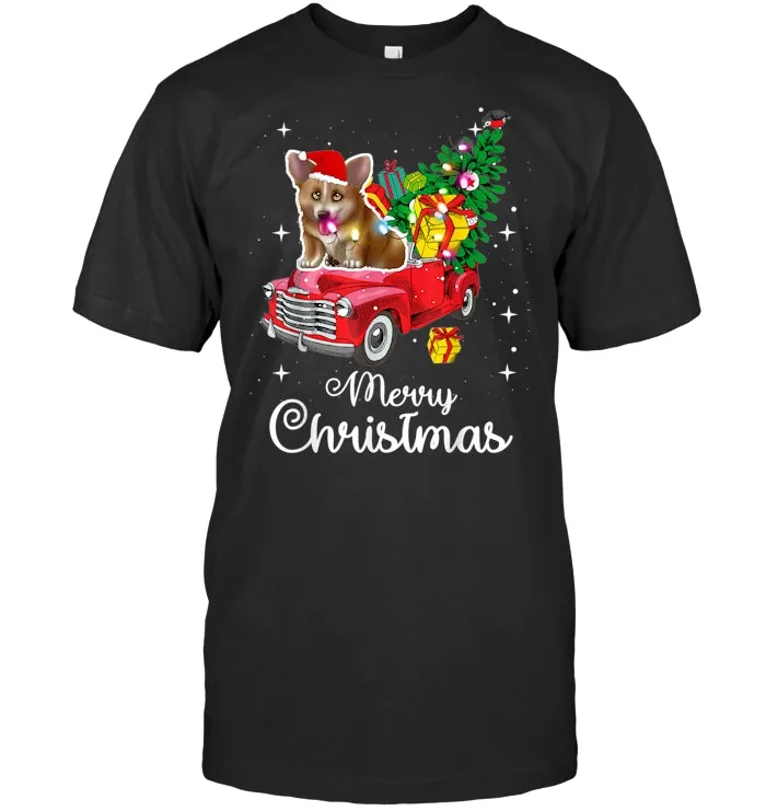 Welsh Corgi Puppy Ride Red Truck Christmas Pajama T Shirt