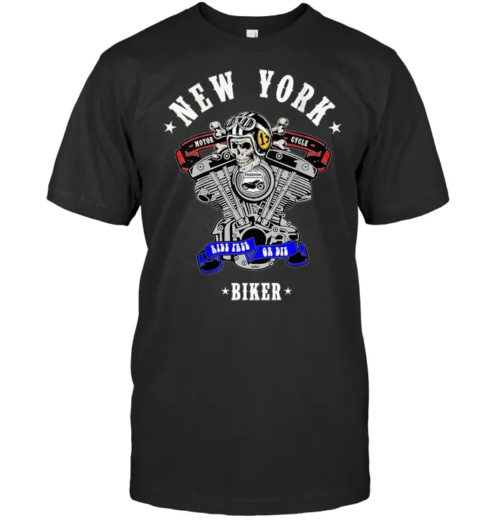New York Biker Retro Motorcycle V Twin Rockabilly Skull T Shirt